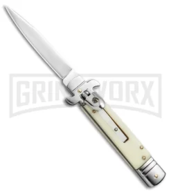 8" Leverlock Sim Ivory Automatic Knife - Bayonet Satin Plain