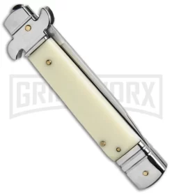 8" Leverlock Sim Ivory Automatic Knife - Bayonet Satin Plain -Knives Sale Online Shop 7.625in Leverlock Sim Ivory Bayo GBS1875 BP 19558 jr side large