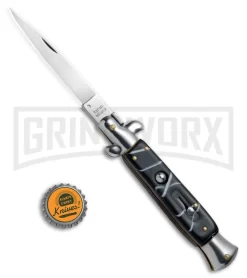 9.5" Anomaly Stiletto Black Swirl Automatic Knife - Satin Plain -Knives Sale Online Shop 9.5in Anomaly Stiletto Black Swirl Auto Satin Plain A155CL BP 22467 jr bottlecap large