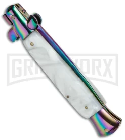 9.5" Anomaly Stiletto Sim Pearl Automatic Knife - Bayonet Spectrum Plain -Knives Sale Online Shop 9.5in Anomaly Stiletto Sim Pearl Bayo Spectrum Plain A155DLR BP 22821 jr side large