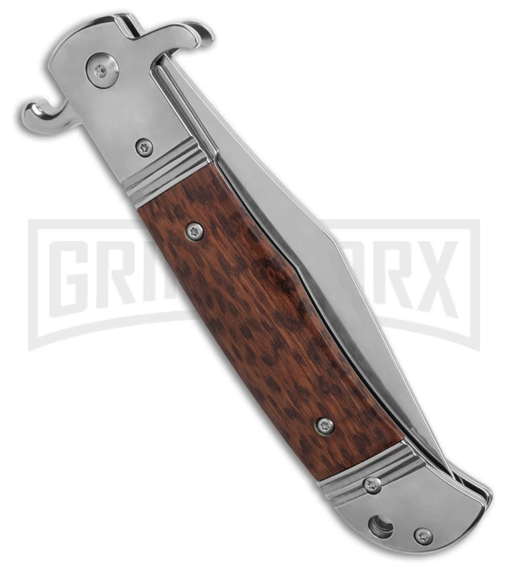 Italia 9" CZ Snakewood Bolster Release Automatic Knife - Satin Plain 3 Italia 9" CZ Snakewood Bolster Release Automatic Knife - Satin Plain - Image 3