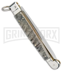 A.G.A. Campolin 9" Ram Horn Sicilian Ring Pull Automatic Knife - Bayonet -Knives Sale Online Shop AGA Camplin 9in Sicilian Ring Pull Auto Ram Horn Satin Bayo BHQ 100997 jr side large