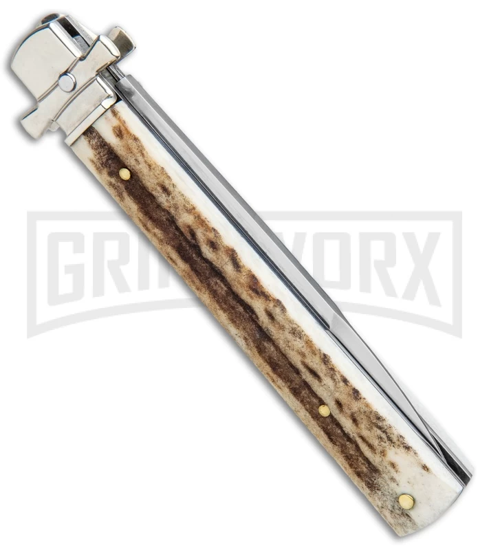 A.G.A. Campolin 9" Dominus Stag Leverlock Automatic Knife - Satin 3 A.G.A. Campolin 9" Dominus Stag Leverlock Automatic Knife - Satin - Image 3