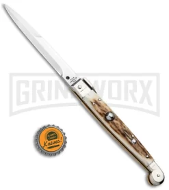 A.G.A. Campolin 9" Sicilian Stag Picklock Auto Sillito Knife - Bayonet -Knives Sale Online Shop AGA Campolin 9in Sicilian Picklock Auto Stag Horn Satin Bayo BHQ 81940 jr bottlecap large