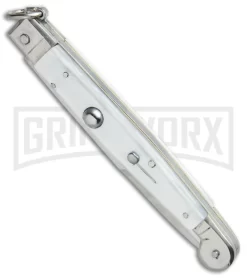 A.G.A. Campolin 9" Sicilian Ring Pull White Pearlex Automatic Knife - Bayonet -Knives Sale Online Shop AGA Campolin 9in Sicilian White Pearlex Ring Pull Bayo BP 19445 jr spine large