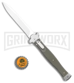 AGA Campolin Zero+ Green Aluminum Leverlock Automatic Knife - Bayo Satin Plain -Knives Sale Online Shop AGA Campolin Zero Plus Italian LL Auto OD Green G 10 Satin Bayo AGA02V SB BHQ 108800 jr bottlecap large