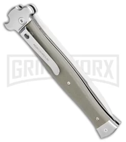 AGA Campolin Zero+ Green Aluminum Leverlock Automatic Knife - Bayo Satin Plain -Knives Sale Online Shop AGA Campolin Zero Plus Italian LL Auto OD Green G 10 Satin Bayo AGA02V SB BHQ 108800 jr side large