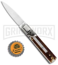 AGA 6" Mini Classic Lever Lock Stag Automatic Knife - Satin Plain -Knives Sale Online Shop AGA Classic 6in LL Auto Italian Stag Satin GX 36958 jr bottlecap large