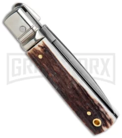AGA 6" Mini Classic Lever Lock Stag Automatic Knife - Satin Plain -Knives Sale Online Shop AGA Classic 6in LL Auto Italian Stag Satin GX 36958 jr side large
