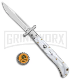Italian Style 11" Roma White Pearlex Auto Swinguard - Drop Point Polish Plain -Knives Sale Online Shop AKC 11in Roma Auto Swinguard DP White Pearlex Polished BHQ 152966 jr bottlecap large