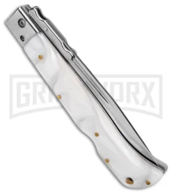 Italian Style 11" Roma White Pearlex Auto Swinguard - Drop Point Polish Plain -Knives Sale Online Shop AKC 11in Roma Auto Swinguard DP White Pearlex Polished BHQ 152966 jr side large