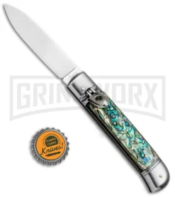 AKC 8" Italian Stiletto Leverlock Abalone Automatic Knife - Flat -Knives Sale Online Shop AKC 8in LL Italian Auto Abalone Polish Flat BHQ 82042 jr bottlecap large