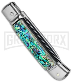 AKC 8" Italian Stiletto Leverlock Abalone Automatic Knife - Flat -Knives Sale Online Shop AKC 8in LL Italian Auto Abalone Polish Flat BHQ 82042 jr side large