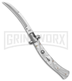 AKC Curved Stiletto White Pearlex Automatic Knife - Bayo Satin