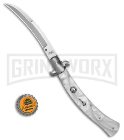 AKC Curved Stiletto White Pearlex Automatic Knife - Bayo Satin -Knives Sale Online Shop AKC Curved Stiletto White Pealex AK 4in Satin GX 41021 td size large