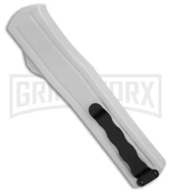 AKC F-20 White Aluminum D/A Drop Point OTF Automatic Knife - Two Tone Plain -Knives Sale Online Shop AKC F 20 DA DP OTF Auto White Aluminum TT BHQ 179282 jr side large