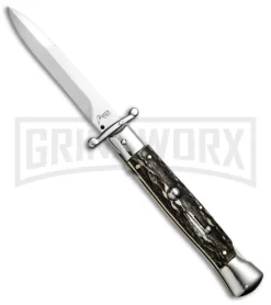 AKC 9" Italian Stiletto Swinguard Stag Horn Automatic Knife - Bayonet