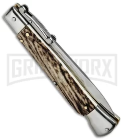 AKC 9" Italian Stiletto Swinguard Stag Horn Automatic Knife - Bayonet 5 AKC 9" Italian Stiletto Swinguard Stag Horn Automatic Knife - Bayonet -Knives Sale Online Shop AKC Stiletto 9in Swinguard Stag Horn Bayo BP 11092 jr side large