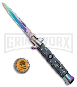 Anomaly 9" Black Speckle Stiletto Style Automatic Knife - Spectrum Plain -Knives Sale Online Shop Anomaly 9in Black Speckle Stiletto Style Auto Spectrum Plain A150PR BP 25375 jr bottlecap large