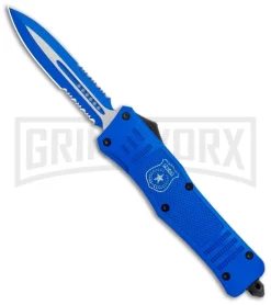 Atomic Defender Large OTF Automatic Knife Police Blue - 2 Tone Blue Dagger Serr