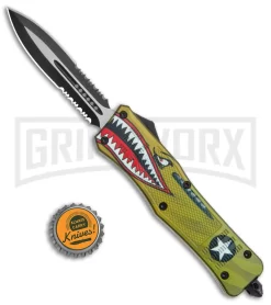 Large Atomic Defender OTF Yellow Warhawk Automatic Dagger Knife - Two Tone Serr -Knives Sale Online Shop Atomic Defender Large OTF Auto Yellow Warhawk TT Dagger Double Serr GX 38218 jr bottlecap large