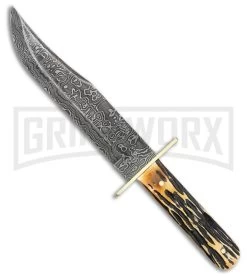 Bear & Son American Bowie India Stag Bone Fixed Blade Knife - Damascus Plain
