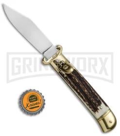 SKM 8" Shot Shell Puller Stag Lever Lock Knife - Clip Point Polish 7 SKM 8" Shot Shell Puller Stag Lever Lock Knife - Clip Point Polish -Knives Sale Online Shop Beltrame Knives LL Italian Auto Stag Brass BP 27022 jr bottlecap large