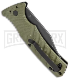 Boker Plus Strike OD Green Automatic Knife - Bowie Black Stonewash Plain -Knives Sale Online Shop Boker Plus Strike Bowie Auto OD Green Black Wash BHQ 125301 jr side large