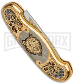 Custom Russian Gold Wolf Automatic Knife - Polish Plain -Knives Sale Online Shop Custom Russian Gold Wolf Auto Polish RV HC2M WOLF GX 31047 jr side large