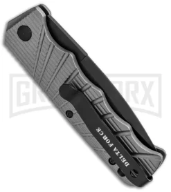 Delta Force Automatic Knife Gray Aluminum - Black Partially Serrated -Knives Sale Online Shop Delta Force Auto Gray Molded Plastic Black Partially Serrated GX 33545 jr side large