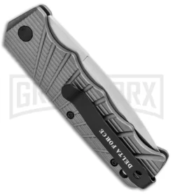 Delta Force Automatic Knife Gray Aluminum - Satin Plain -Knives Sale Online Shop Delta Force Auto Gray Molded Plastic Satin Plain GX 33544 jr side large