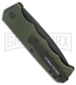 Delta Force Automatic Knife OD Green Aluminum Drop Point - Black Serr -Knives Sale Online Shop Delta Force Auto OD Green Aluminum DP Black Serr GX 38233 jr side large