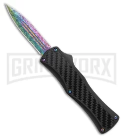 Edgeworks Carbon Fiber OTF Auto Knife Dagger - Rainbow Damascus Finish)