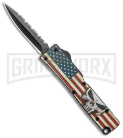 Firecracker Mini US Flag W/ Skull, D/A OTF Automatic Knife -Black, Dagger Serr
