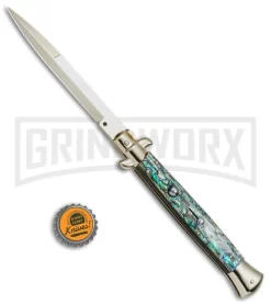 Frank B 11" Italian Stiletto Abalone Automatic Knife Gold - Gold Bayo -Knives Sale Online Shop Frank B 11in Auto Italian Stiletto Abalone Bayo Gold BHQ 82054 jr bottlecap large