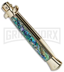 Frank B 11" Italian Stiletto Abalone Automatic Knife Gold - Gold Bayo -Knives Sale Online Shop Frank B 11in Auto Italian Stiletto Abalone Bayo Gold BHQ 82054 jr side large