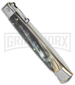 Frank B 11" Italian Stiletto Swinguard Brazilian Dark Horn Automatic Knife -Knives Sale Online Shop Frank B 11in Italian Stiletto Swinguard Brazilian Horn Auto Dagger GX 35903 jr side large