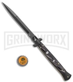 Frank B. 11" Italian Stiletto Dark Horn Tactical Automatic Knife - Bayonet -Knives Sale Online Shop Frank B 11in Stiletto Dark Horn Tactical Auto Bayo Black GX 4160 jr bottlecap large