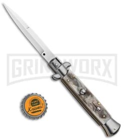 Frank B 9" Italian Stiletto Black Lip Pearl Automatic Knife - Bayonet Satin -Knives Sale Online Shop Frank B 9in Italian Stiletto Auto Bayo Black Lip Pearl Satin GX 32349 jr bottlecap large