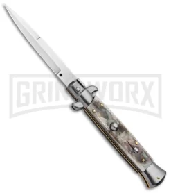 Frank B 9" Italian Stiletto Black Lip Pearl Automatic Knife - Bayonet Satin