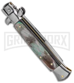 Frank B 9" Italian Stiletto Black Lip Pearl Automatic Knife - Bayonet Satin -Knives Sale Online Shop Frank B 9in Italian Stiletto Auto Bayo Black Lip Pearl Satin GX 32349 jr side large