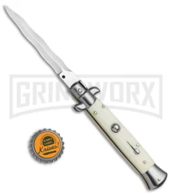 Frank B. 9" Sim Ivory Automatic Stiletto Knife - Kris Satin Plain -Knives Sale Online Shop Frank B 9in Sim Ivory Stiletto Kriss Satin BP 4740 jr bottlecap large