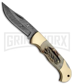 Tallen Caravan Brown Stag Bone Lockback Knife - Damascus Plain