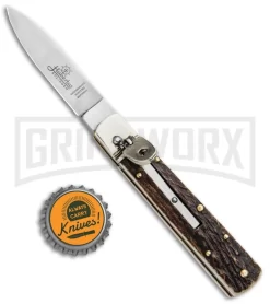 Hubertus 6.25" Small Slimline Lever Lock Stag Automatic Knife - Satin Plain -Knives Sale Online Shop Hubertus 6.23in Small Slimline LL Stag Auto Satin 68.112.HH .09 GX 32280 jr bottlecap large