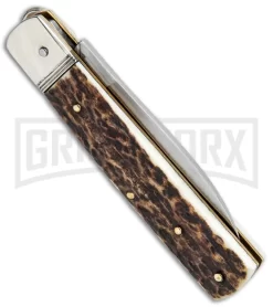 Hubertus 6.25" Small Slimline Lever Lock Stag Automatic Knife - Satin Plain -Knives Sale Online Shop Hubertus 6.23in Small Slimline LL Stag Auto Satin 68.112.HH .09 GX 32280 jr side large