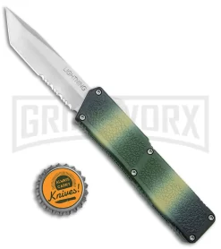 Lightning D/A Green Camo Aluminum OTF Automatic Knife - Tanto Satin Serr -Knives Sale Online Shop Lightning Camo DA OTF Auto Tanto Satin Serr GX 38985 jr bottlecap large