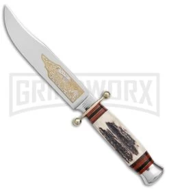 Linder Medium Bowie Brown/White Stag Fixed Blade Knife - Clip Point Plain