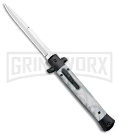 Mago 11" White Marble Italian Stiletto OTF Auto Knife Black Bolsters Bayo