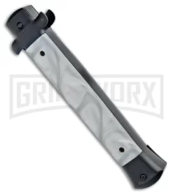 Mago 11" White Marble Italian Stiletto OTF Auto Knife Black Bolsters Bayo -Knives Sale Online Shop Mago 11in White Marble Italian Stiletto OTF Black Bolsters Bayo GX 33945 jr side large