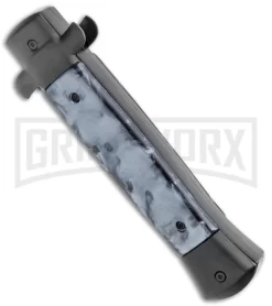 Mago 9" Black Smoke Abyss Italian Stiletto OTF Automatic Knife - Black Bolsters -Knives Sale Online Shop Mago 9in Black Smoke Abyss Italian Stiletto OTF Black Bolsters Satin GX 36248 jr side large